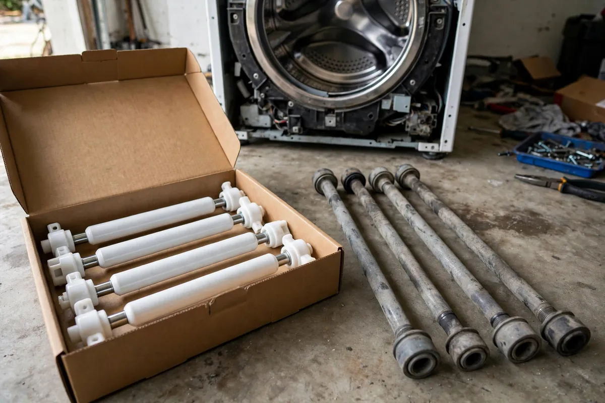 New Whirlpool Cabrio suspension rod kit next to the worn rods that caused basket bouncing