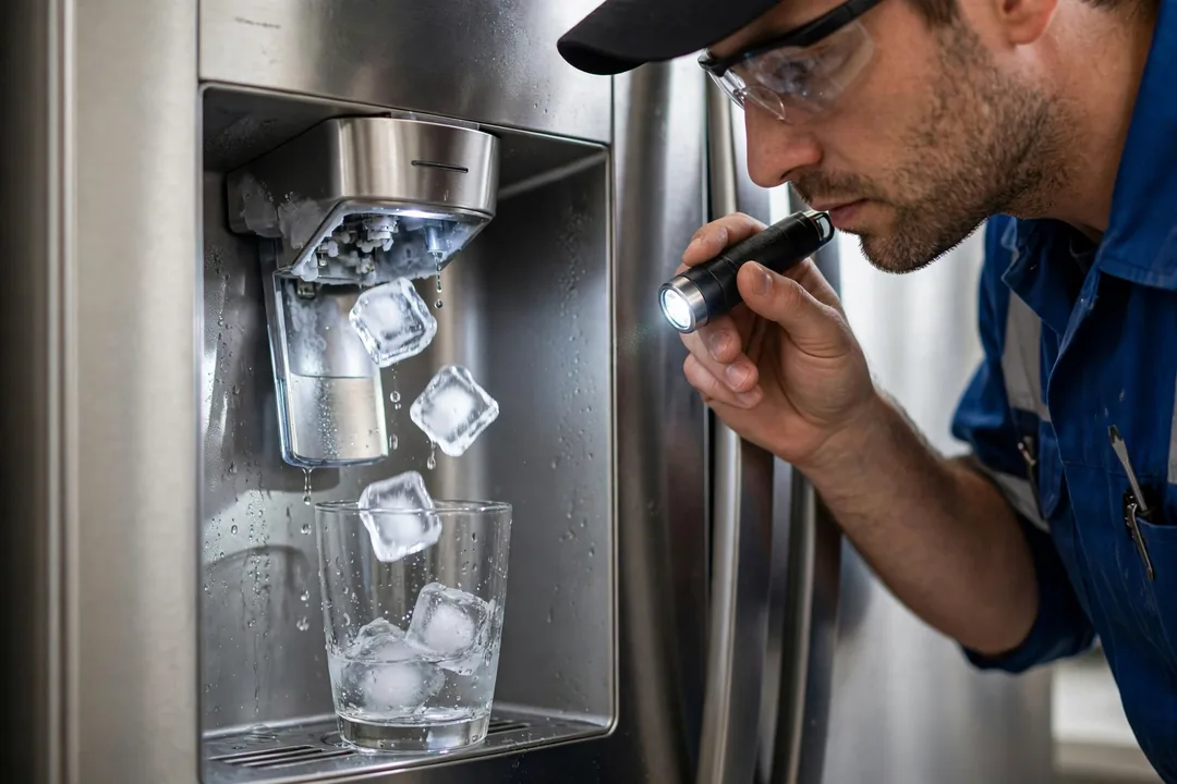 Whirlpool Ice Dispenser Repair: close-up of a Whirlpool refrigerator ice dispenser chute with cubed ice
